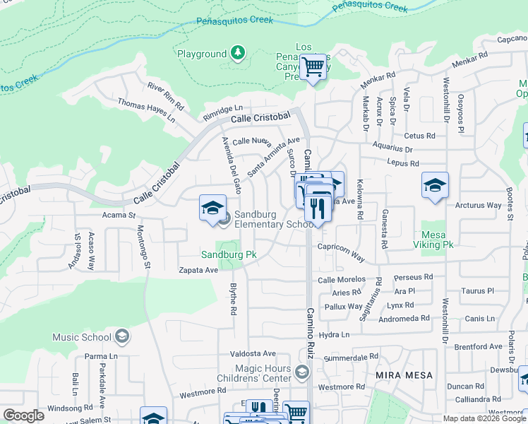 map of restaurants, bars, coffee shops, grocery stores, and more near 11278 Calle Jalapa in San Diego