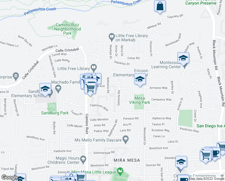 map of restaurants, bars, coffee shops, grocery stores, and more near 11185 Kelowna Road in San Diego