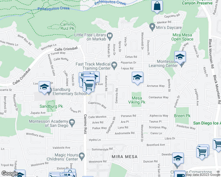 map of restaurants, bars, coffee shops, grocery stores, and more near 11195 Kelowna Road in San Diego