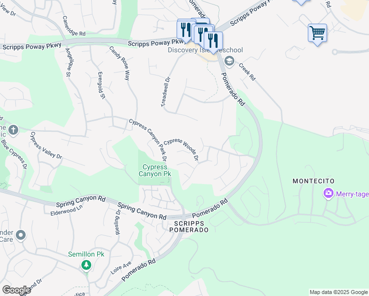 map of restaurants, bars, coffee shops, grocery stores, and more near 11412 Cypress Woods Drive in San Diego