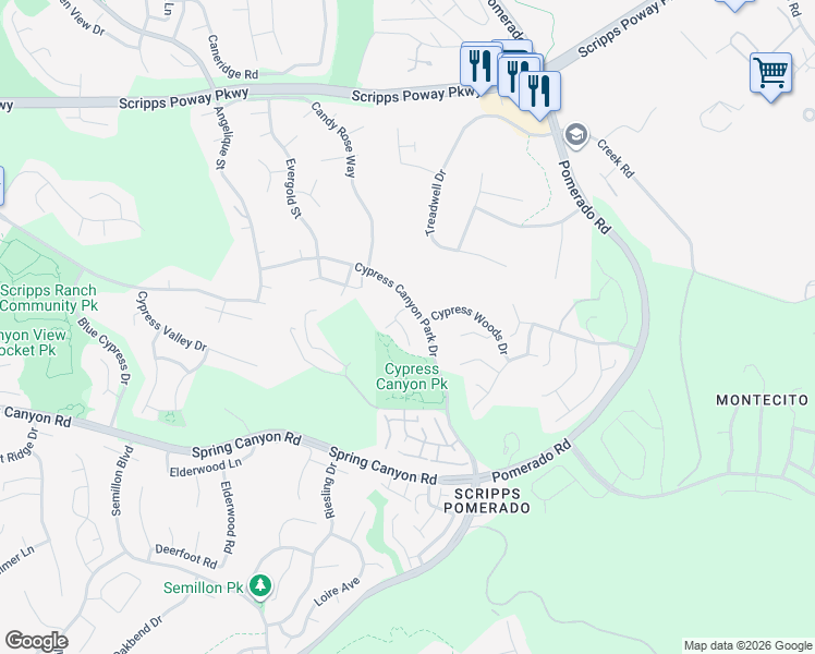 map of restaurants, bars, coffee shops, grocery stores, and more near 11430 Cypress Terrace Place in San Diego