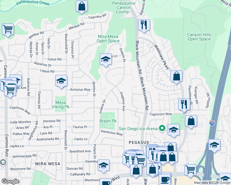 map of restaurants, bars, coffee shops, grocery stores, and more near 9063 Hatcher Lane in San Diego