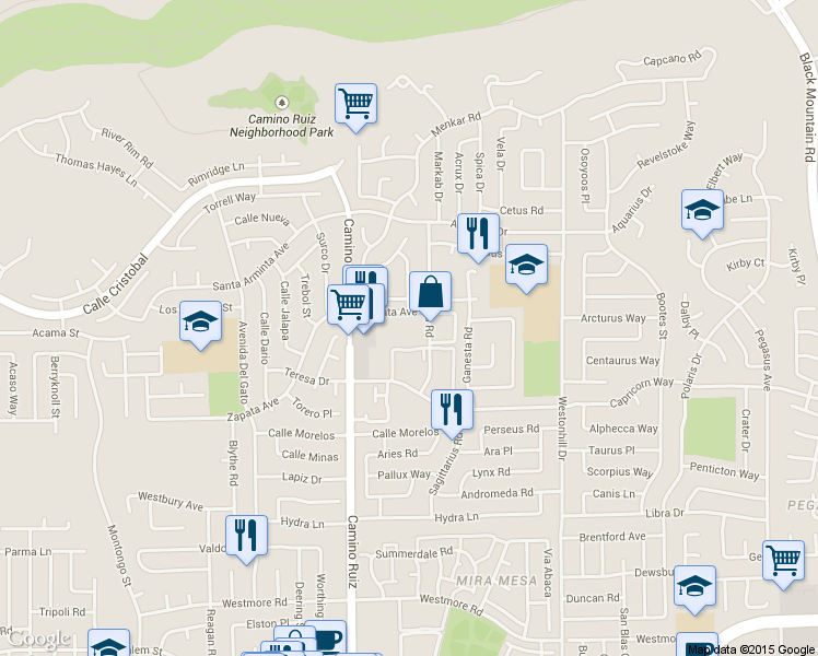 map of restaurants, bars, coffee shops, grocery stores, and more near 11185 Kelowna Road in San Diego