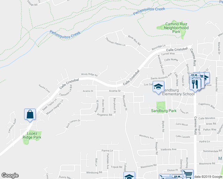 map of restaurants, bars, coffee shops, grocery stores, and more near 7725 Acama Street in San Diego