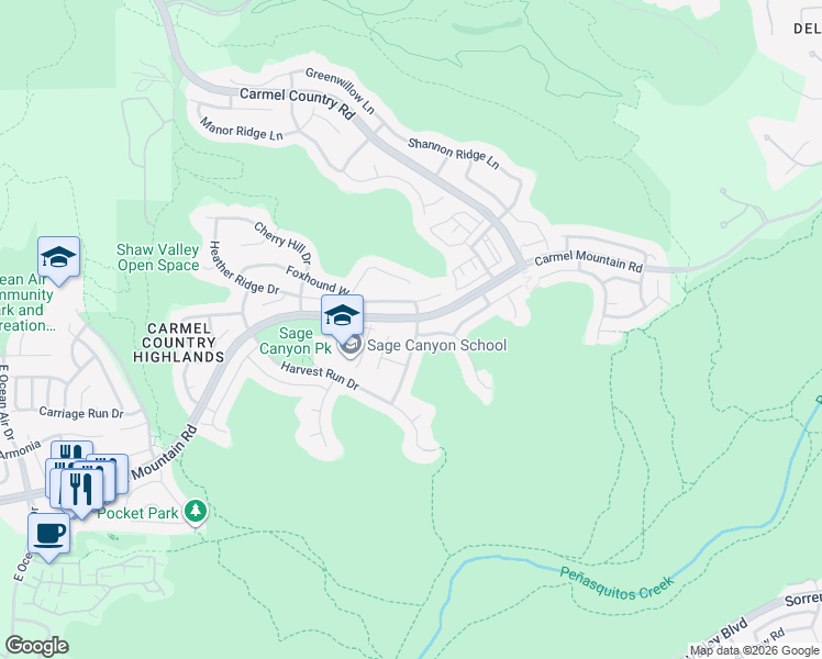 map of restaurants, bars, coffee shops, grocery stores, and more near 10692 Hunters Glen Drive in San Diego
