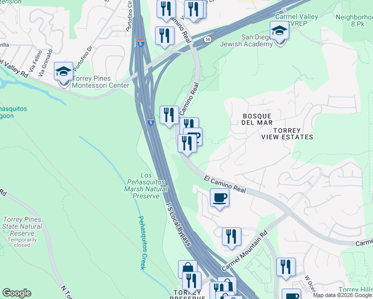 map of restaurants, bars, coffee shops, grocery stores, and more near 11455 El Camino Real in San Diego