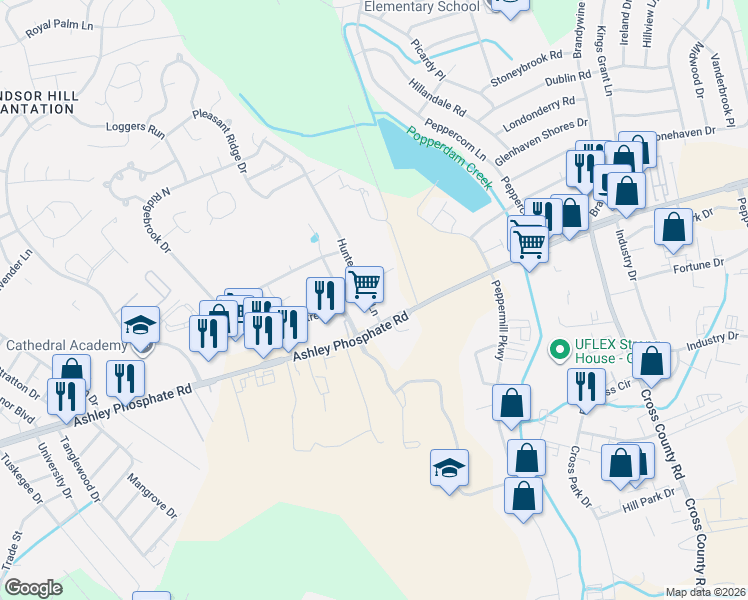 map of restaurants, bars, coffee shops, grocery stores, and more near 7541 Hunters Ridge Lane in North Charleston