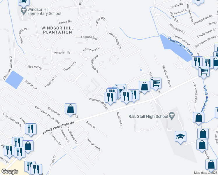 map of restaurants, bars, coffee shops, grocery stores, and more near 4060 Cedars Parkway in North Charleston