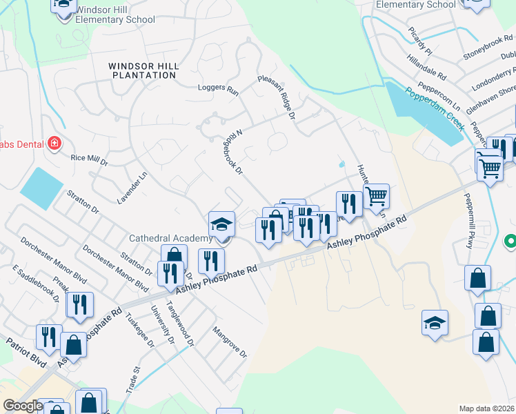 map of restaurants, bars, coffee shops, grocery stores, and more near 4060 Cedars Parkway in North Charleston
