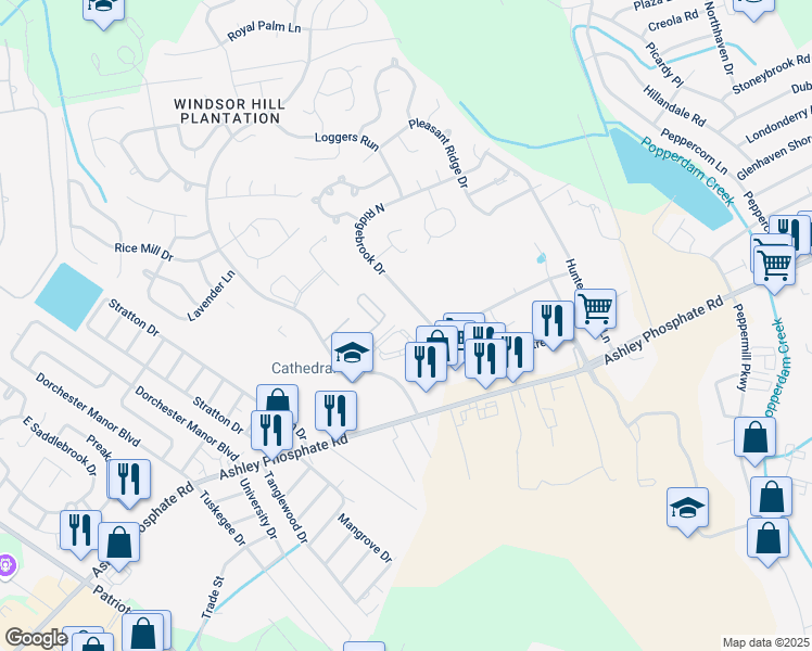 map of restaurants, bars, coffee shops, grocery stores, and more near 4060 Cedars Parkway in North Charleston