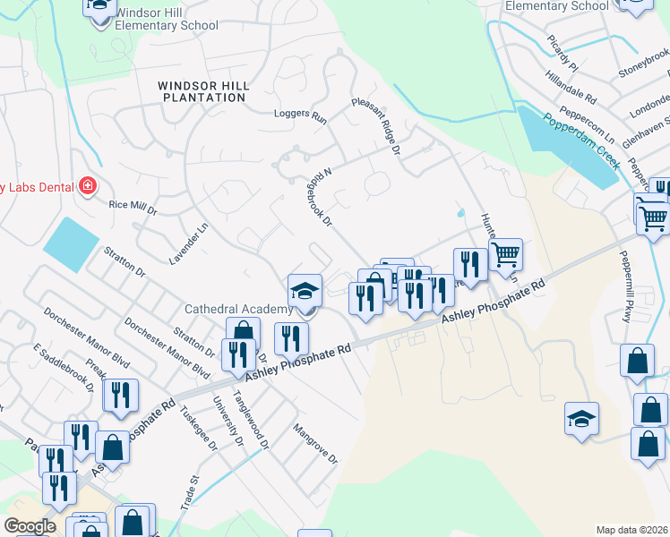 map of restaurants, bars, coffee shops, grocery stores, and more near 4079 Cedars Parkway in North Charleston