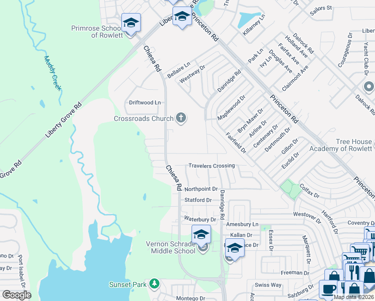 map of restaurants, bars, coffee shops, grocery stores, and more near 7116 Willow Wood Street in Rowlett