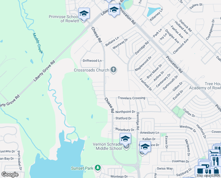 map of restaurants, bars, coffee shops, grocery stores, and more near 7001 Willow Wood Street in Rowlett