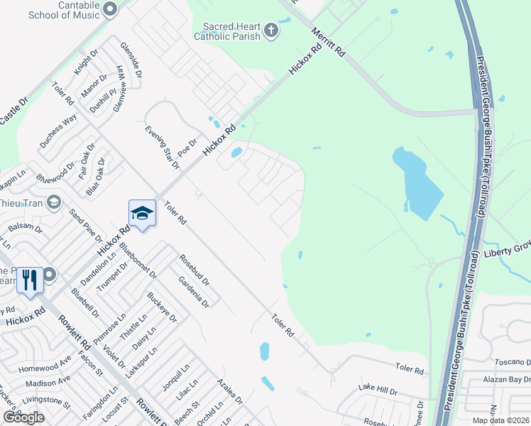 map of restaurants, bars, coffee shops, grocery stores, and more near 3405 Larkin Lane in Rowlett