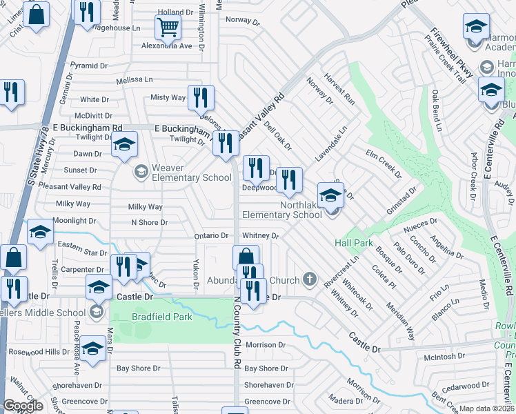 map of restaurants, bars, coffee shops, grocery stores, and more near 1433 Whiteoak Drive in Garland