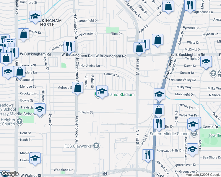 map of restaurants, bars, coffee shops, grocery stores, and more near 1501 Burgundy Street in Garland