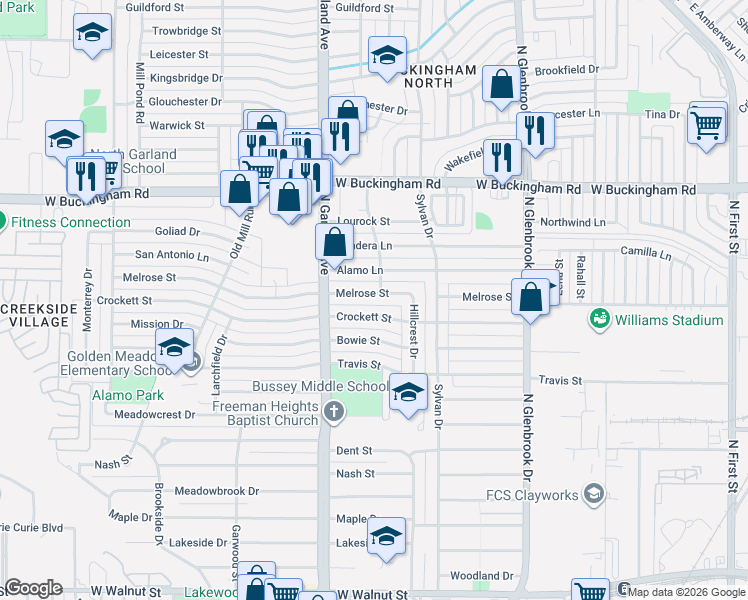 map of restaurants, bars, coffee shops, grocery stores, and more near 1209 Crockett Street in Garland