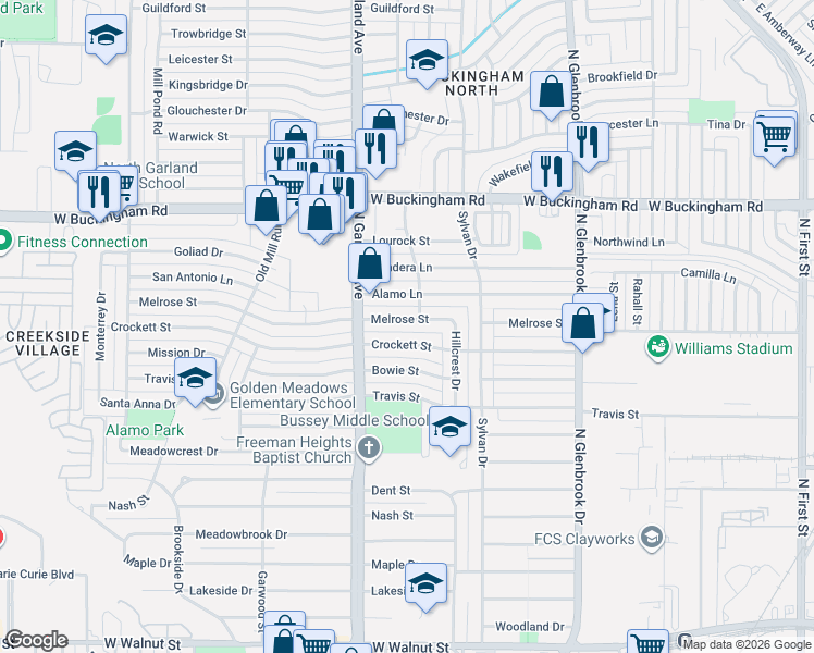 map of restaurants, bars, coffee shops, grocery stores, and more near 1209 Crockett Street in Garland