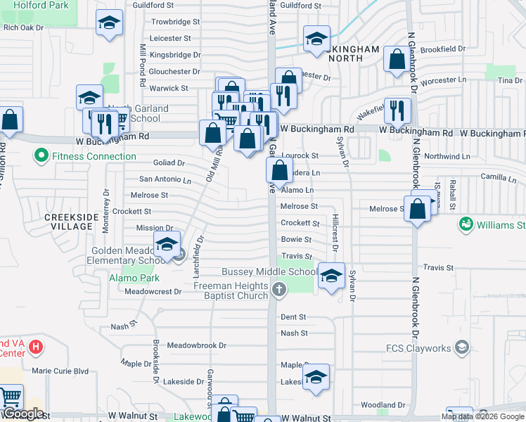 map of restaurants, bars, coffee shops, grocery stores, and more near 1422 Melrose Street in Garland