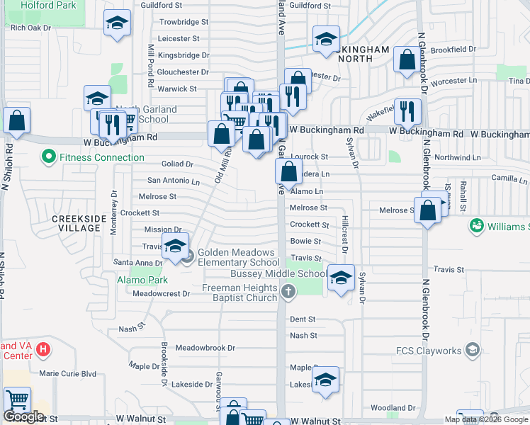 map of restaurants, bars, coffee shops, grocery stores, and more near 1422 Melrose Street in Garland