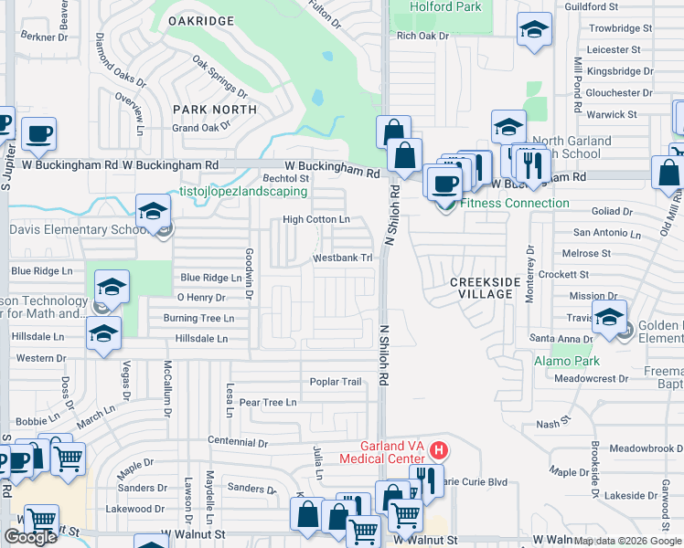 map of restaurants, bars, coffee shops, grocery stores, and more near 2618 Westbank Trail in Garland