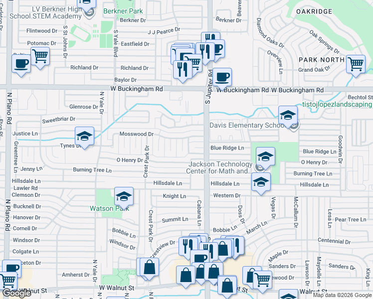 map of restaurants, bars, coffee shops, grocery stores, and more near 1605 Mosswood Way in Garland
