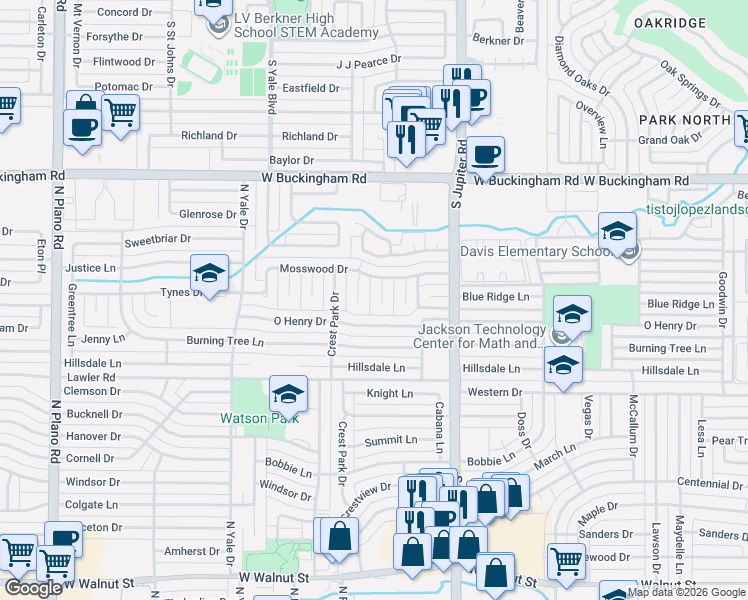 map of restaurants, bars, coffee shops, grocery stores, and more near 1606 Hastings Drive in Garland