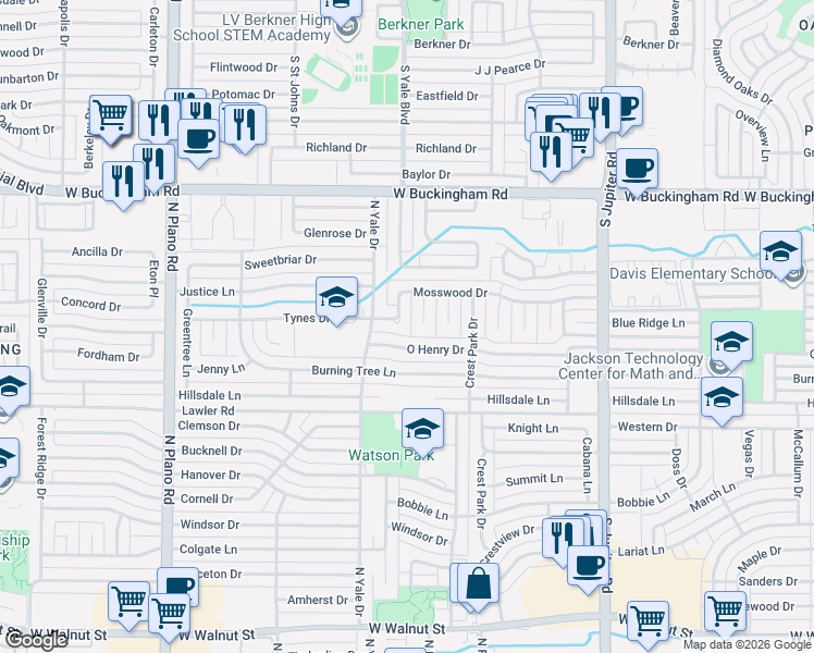 map of restaurants, bars, coffee shops, grocery stores, and more near 3917 O Henry Drive in Garland