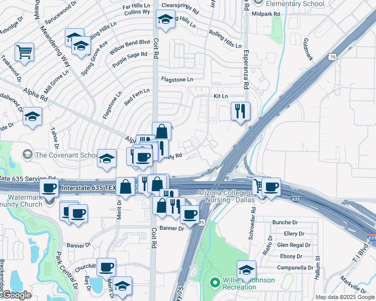 map of restaurants, bars, coffee shops, grocery stores, and more near in Dallas