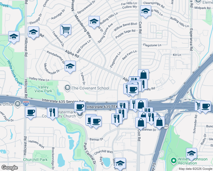 map of restaurants, bars, coffee shops, grocery stores, and more near 13106 Flagstone Lane in Dallas