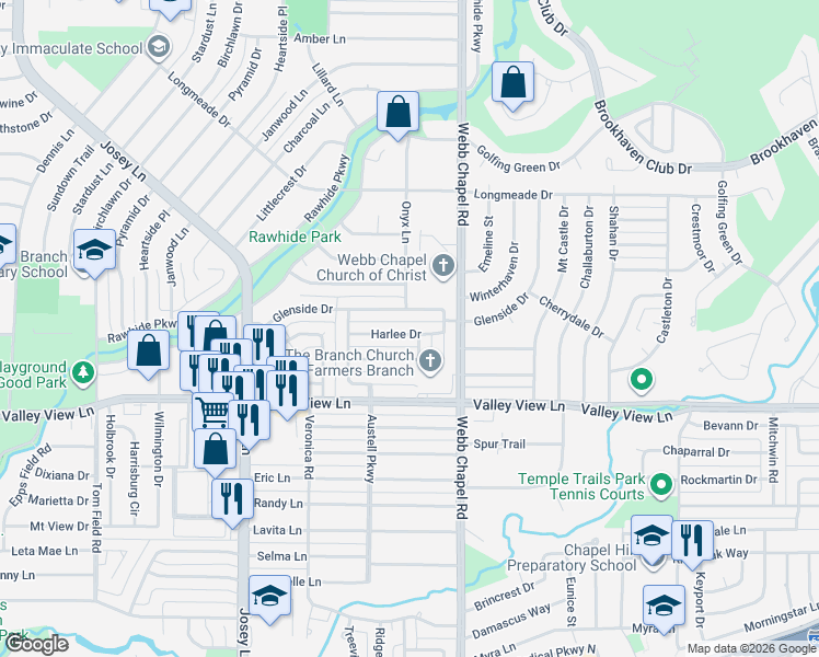 map of restaurants, bars, coffee shops, grocery stores, and more near 2982 Marsann Lane in Farmers Branch