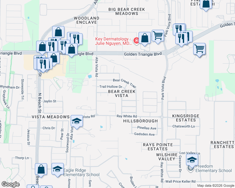 map of restaurants, bars, coffee shops, grocery stores, and more near 10412 Bear Hollow Drive in Fort Worth
