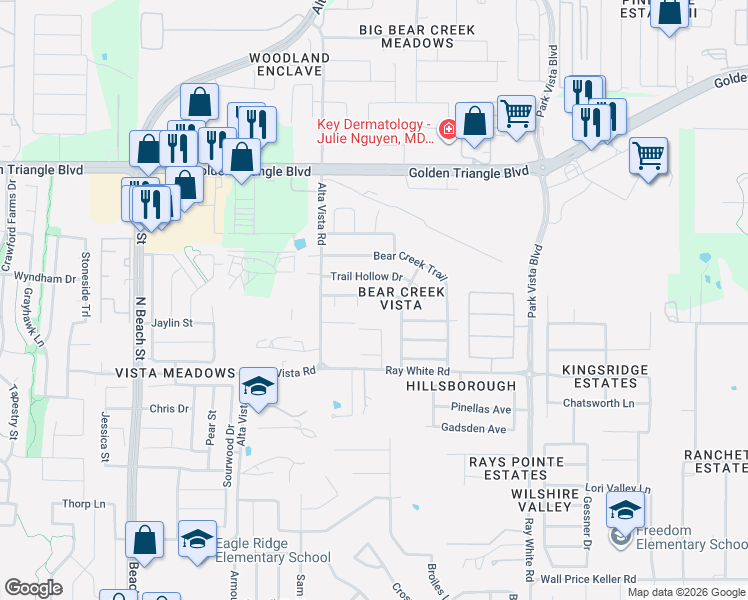 map of restaurants, bars, coffee shops, grocery stores, and more near 10405 Wood Leaf Court in Fort Worth