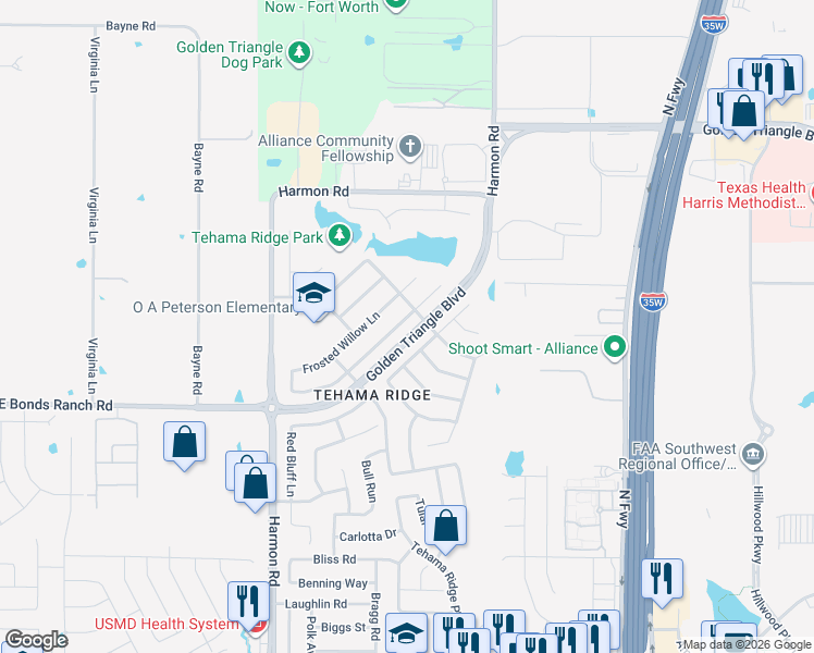 map of restaurants, bars, coffee shops, grocery stores, and more near 2268 Laurel Forest Drive in Fort Worth