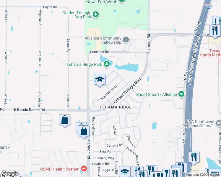 map of restaurants, bars, coffee shops, grocery stores, and more near 2000 Winter Hawk Drive in Fort Worth