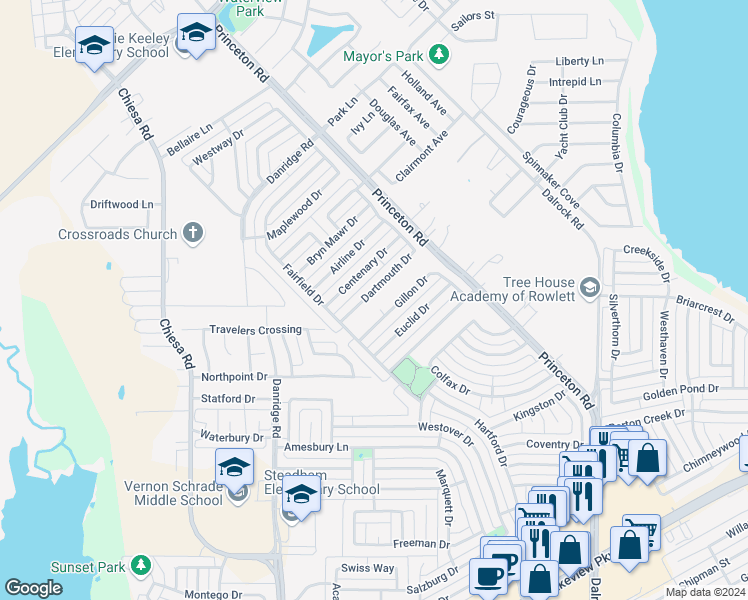 map of restaurants, bars, coffee shops, grocery stores, and more near 7310 Dartmouth Drive in Rowlett