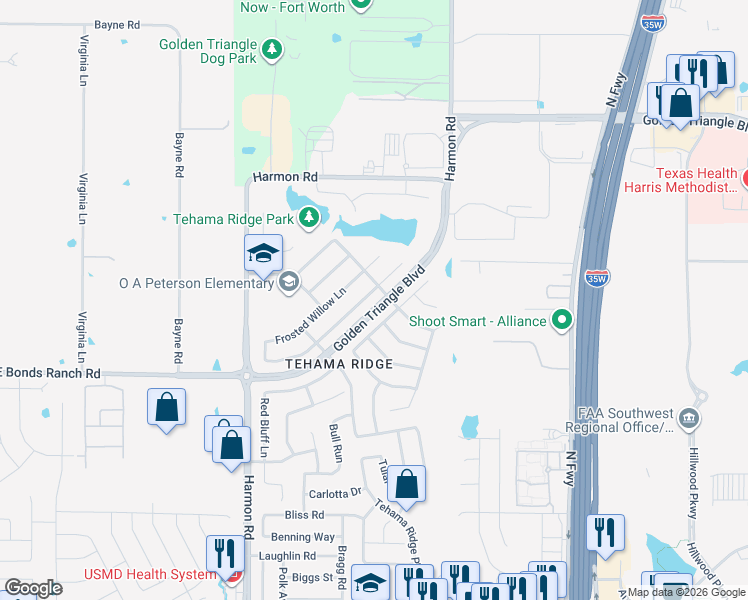 map of restaurants, bars, coffee shops, grocery stores, and more near 2268 Laurel Forest Drive in Fort Worth