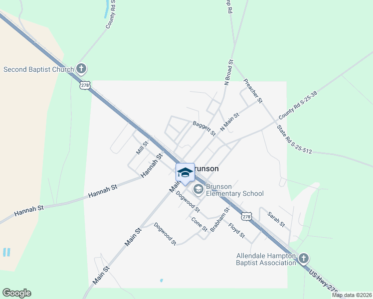 map of restaurants, bars, coffee shops, grocery stores, and more near 75 North Broad Street in Brunson