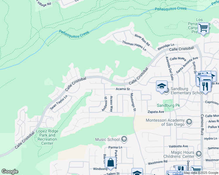 map of restaurants, bars, coffee shops, grocery stores, and more near 7636 Acama Street in San Diego