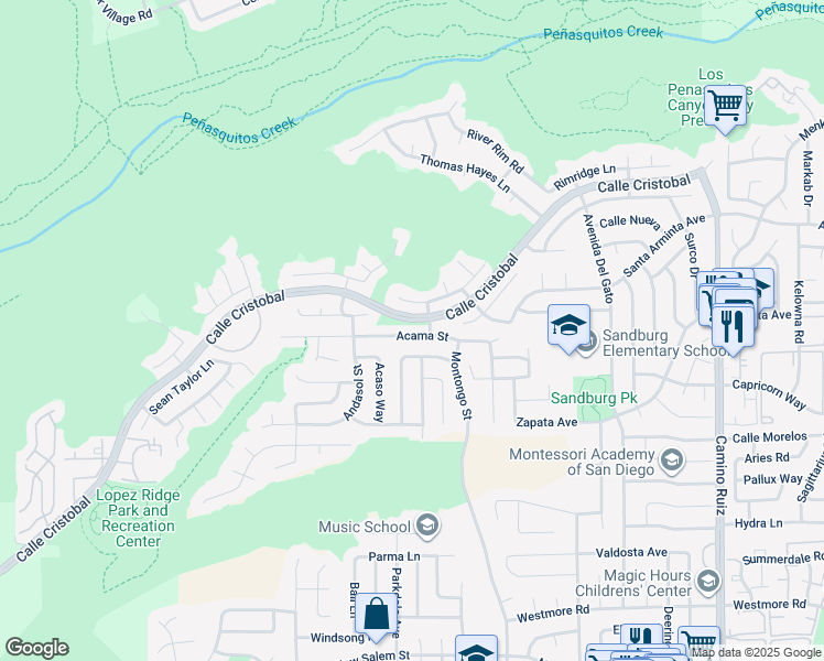 map of restaurants, bars, coffee shops, grocery stores, and more near 7725 Acama Street in San Diego