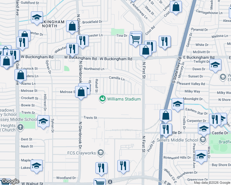map of restaurants, bars, coffee shops, grocery stores, and more near 1501 Burgundy Street in Garland