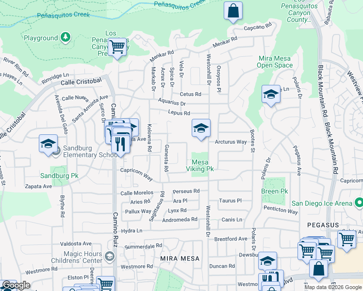 map of restaurants, bars, coffee shops, grocery stores, and more near 11336 Camarosa Circle in San Diego