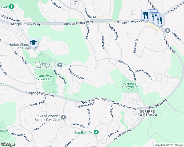 map of restaurants, bars, coffee shops, grocery stores, and more near 11969 Zirbel Court in San Diego