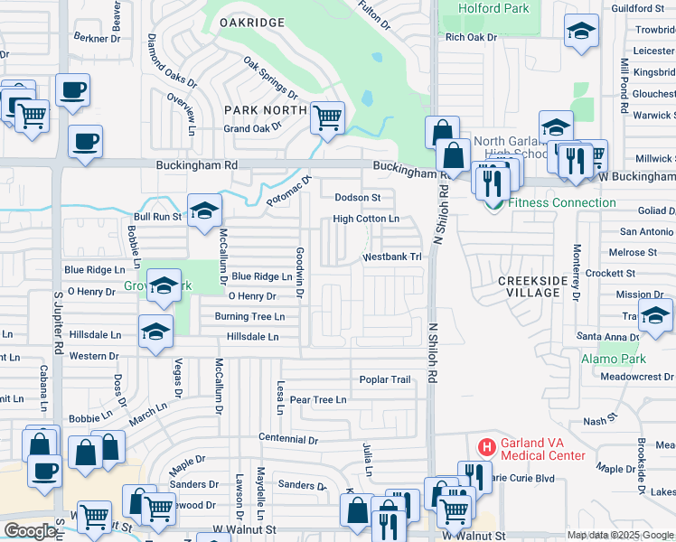 map of restaurants, bars, coffee shops, grocery stores, and more near 2642 Westbank Trail in Garland