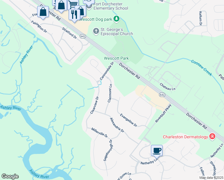 map of restaurants, bars, coffee shops, grocery stores, and more near 5441 Clairmont Lane in North Charleston
