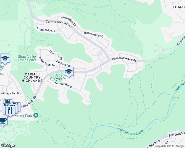 map of restaurants, bars, coffee shops, grocery stores, and more near 10665 Hunters Glen Drive in San Diego