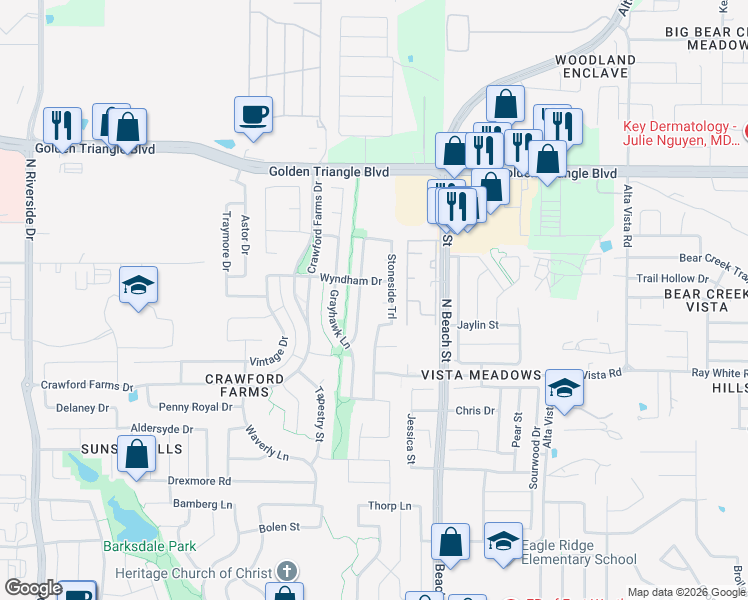 map of restaurants, bars, coffee shops, grocery stores, and more near 4301 Stoneside Court in Fort Worth