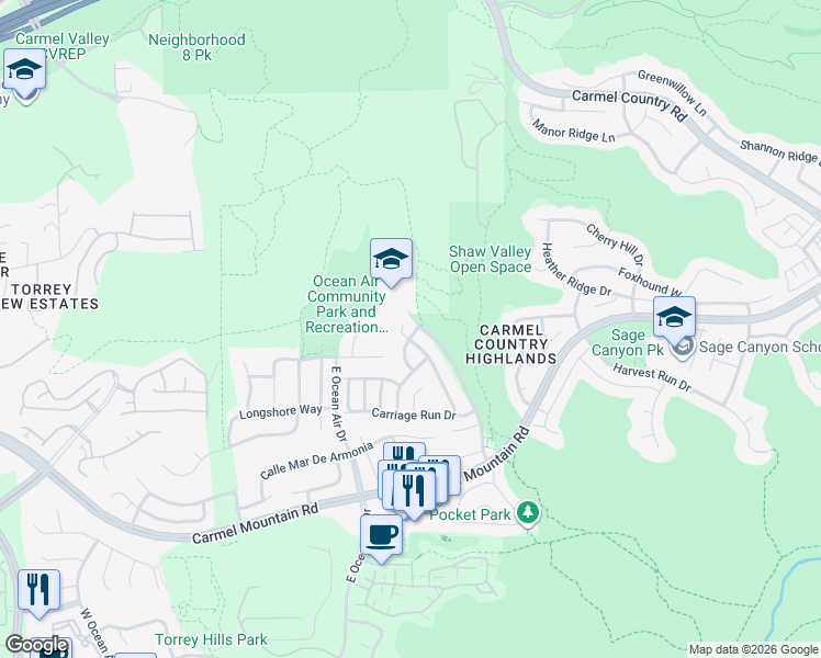 map of restaurants, bars, coffee shops, grocery stores, and more near 11424 Arabian Crest Road in San Diego