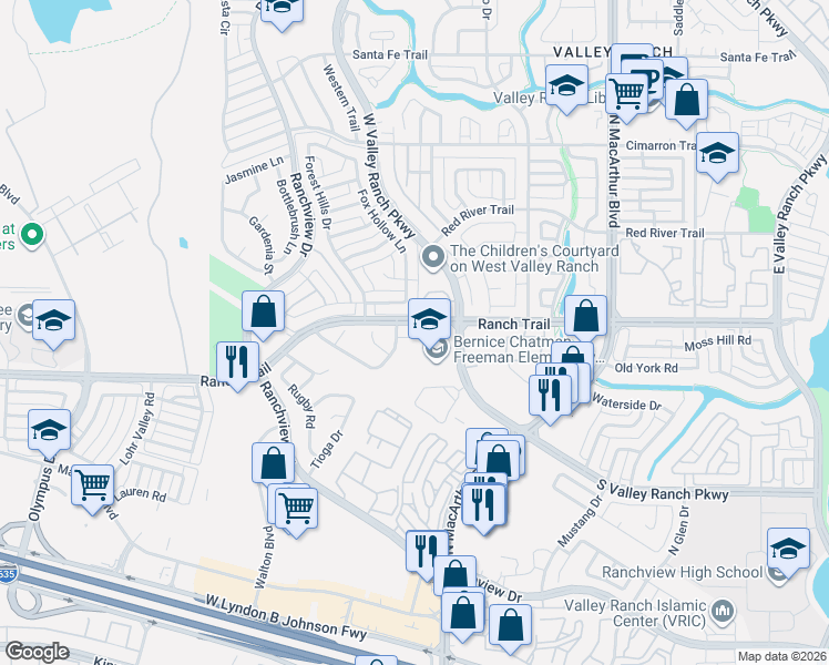 map of restaurants, bars, coffee shops, grocery stores, and more near 1006 Llano Trace in Irving