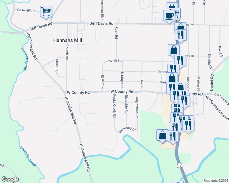 map of restaurants, bars, coffee shops, grocery stores, and more near 102 Rocky Creek Road in Thomaston